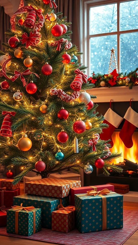 A decorated Christmas tree with presents and a cozy fireplace, evoking holiday spirit.